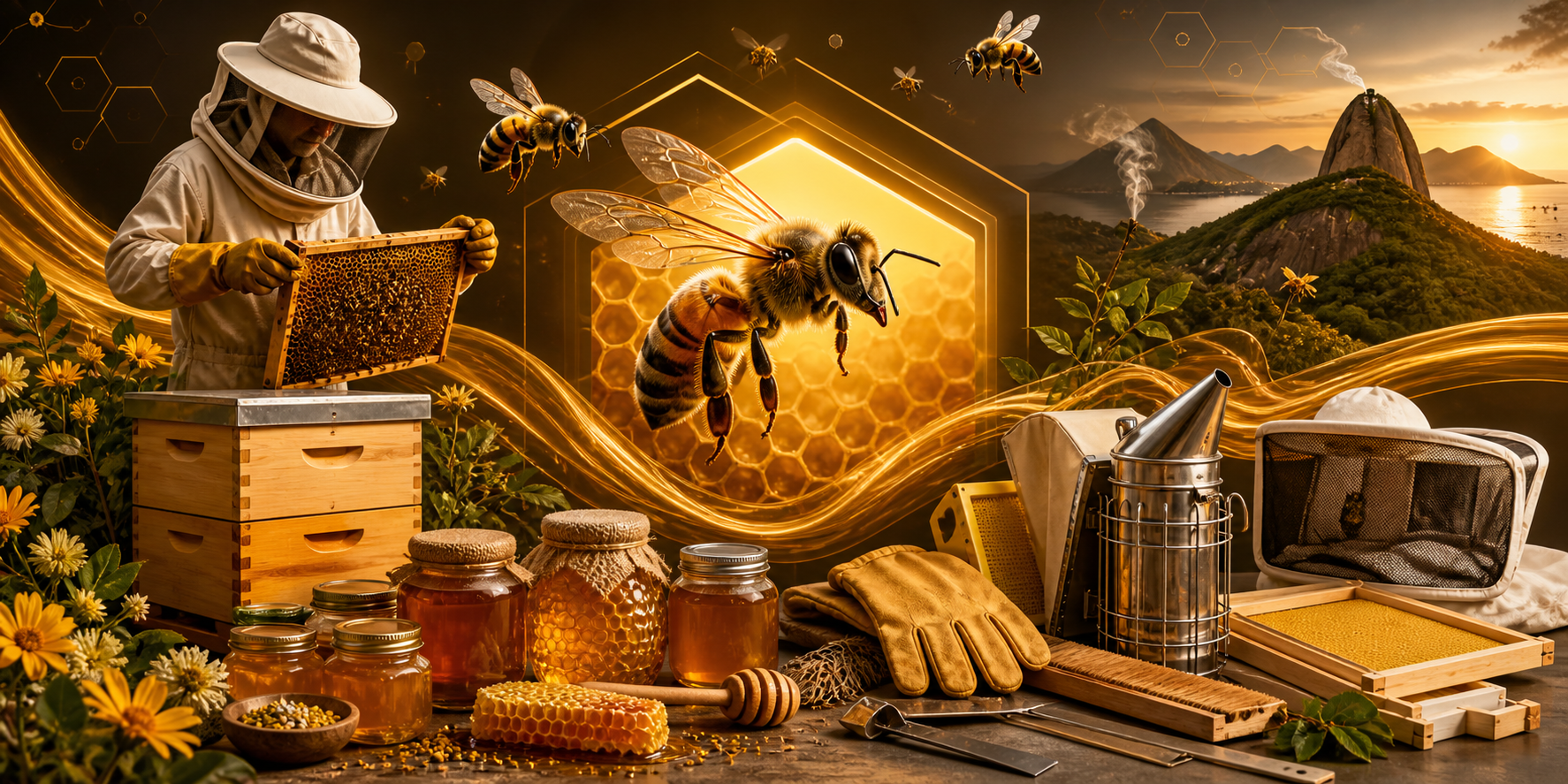 Apicultor na produção de mel natural